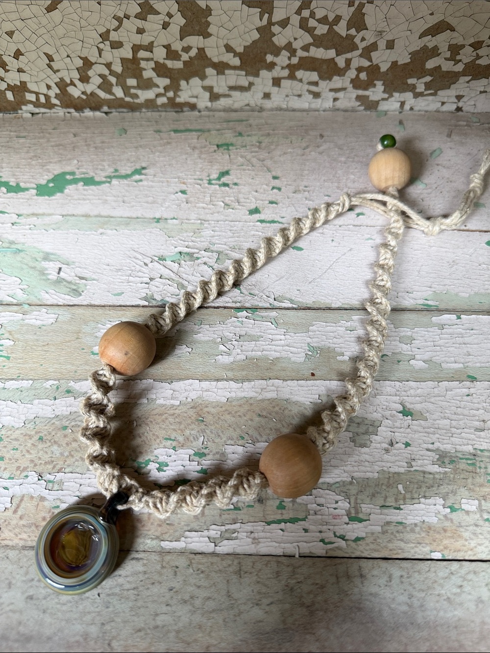 🌿Handcrafted Hemp Necklace with Wooden Beads and Glass Pendant